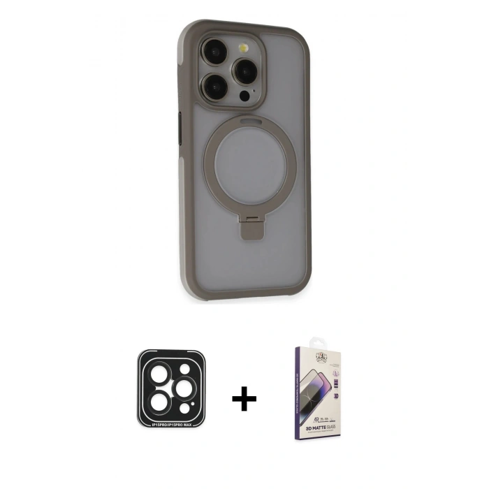 MARSİLYAN™- iPhone 15 Pro Max Kılıf Ahenk Yansıma Özel Seri - Siyah Bilvis 3D Mat Cam Ekran Koruyucu + PVD Metal Kamera Lens - SH