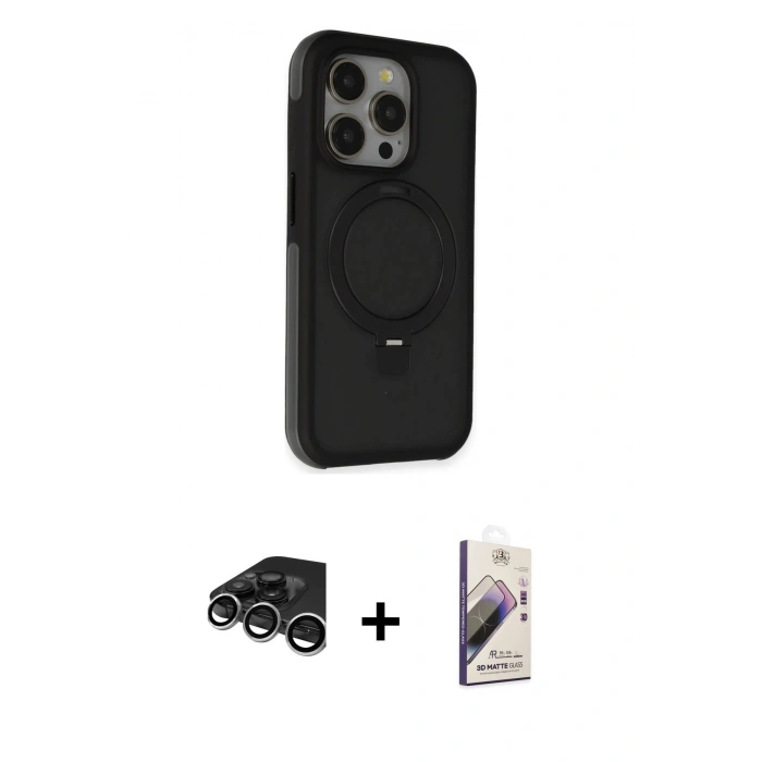 MARSİLYAN™- iPhone 15 Pro Max Kılıf Ahenk Yansıma Özel Seri - Siyah Bilvis 3D Mat Cam Ekran Koruyucu + Raze Metal Kamera Lens - GS