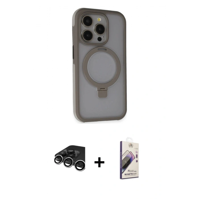 MARSİLYAN™- iPhone 15 Pro Max Kılıf Ahenk Yansıma Özel Seri - Siyah Bilvis 3D Mat Cam Ekran Koruyucu + Raze Metal Kamera Lens - GS