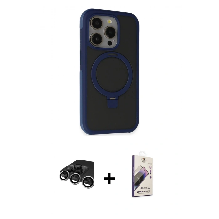 MARSİLYAN™- iPhone 15 Pro Max Kılıf Ahenk Yansıma Özel Seri - Siyah Bilvis 3D Mat Cam Ekran Koruyucu + Raze Metal Kamera Lens - GS