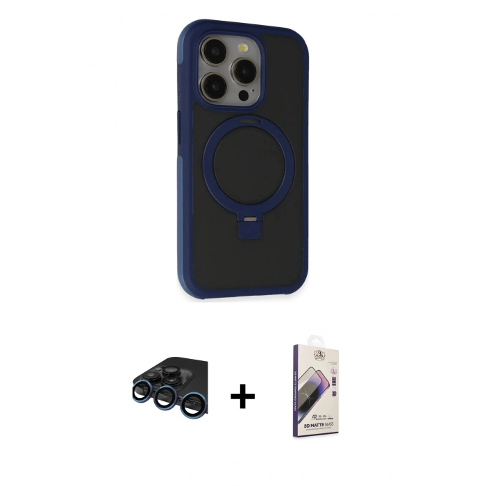 MARSİLYAN™- iPhone 15 Pro Max Kılıf Ahenk Yansıma Özel Seri - Siyah Bilvis 3D Mat Cam Ekran Koruyucu + Raze Metal Kamera Lens - LT
