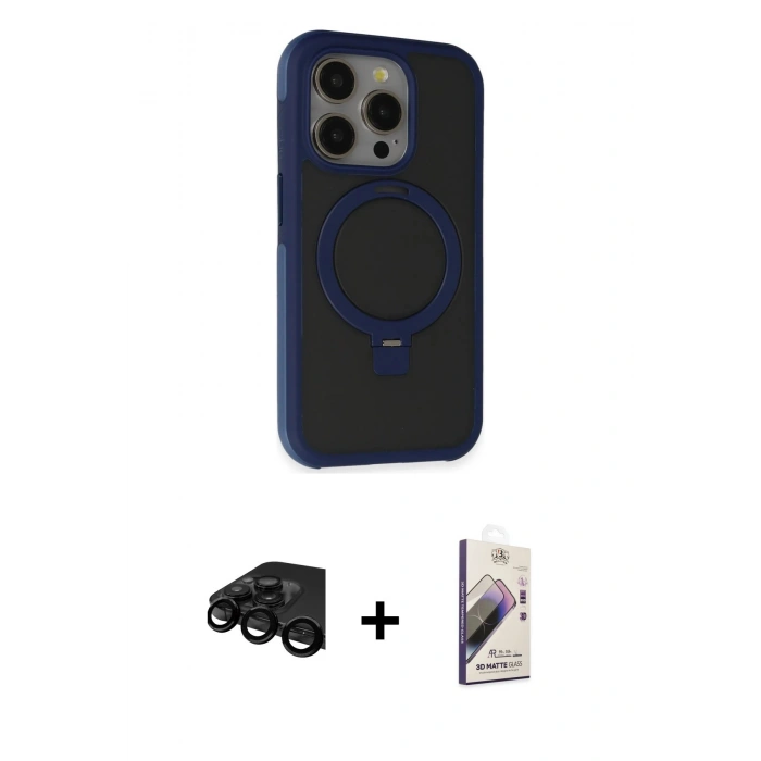 MARSİLYAN™- iPhone 15 Pro Max Kılıf Ahenk Yansıma Özel Seri - Siyah Bilvis 3D Mat Cam Ekran Koruyucu + Raze Metal Kamera Lens - SH