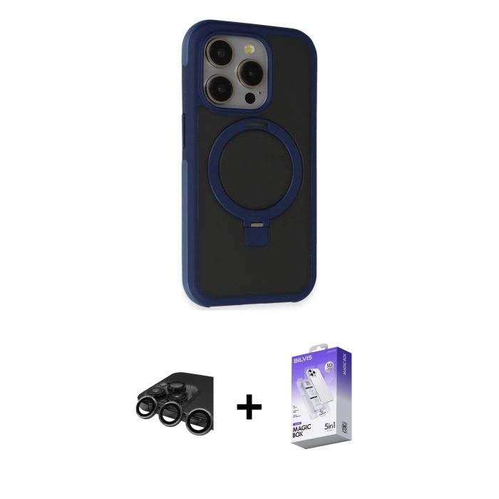 MARSİLYAN™- iPhone 15 Pro Max Kılıf Ahenk Yansıma Özel Seri - Siyah Bilvis 5in1 3D Magic Cam Ekran Koruyucu + Raze Metal Kamera Lens - TMGI