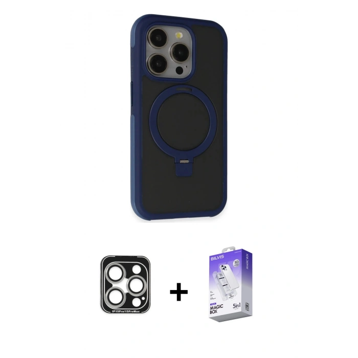 MARSİLYAN™- iPhone 15 Pro Max Kılıf Ahenk Yansıma Özel Seri - Siyah Bilvis 5in1 3D Magic Cam Ekran Koruyucu + PVD Metal Kamera Lens - GS