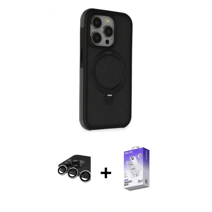 MARSİLYAN™- iPhone 15 Pro Max Kılıf Ahenk Yansıma Özel Seri - Siyah Bilvis 5in1 3D Magic Cam Ekran Koruyucu + Raze Metal Kamera Lens - GS