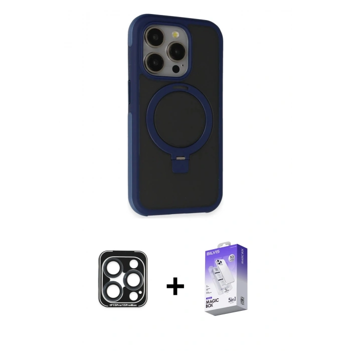 MARSİLYAN™- iPhone 15 Pro Max Kılıf Ahenk Yansıma Özel Seri - Siyah Bilvis 5in1 3D Magic Cam Ekran Koruyucu + PVD Metal Kamera Lens - LT