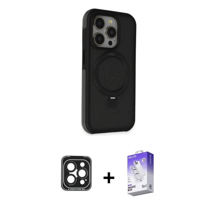 MARSİLYAN™- iPhone 15 Pro Max Kılıf Ahenk Yansıma Özel Seri - Siyah Bilvis 5in1 3D Magic Cam Ekran Koruyucu + PVD Metal Kamera Lens - SH