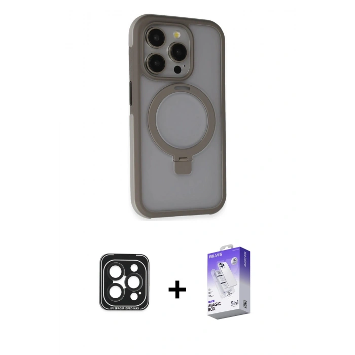 MARSİLYAN™- iPhone 15 Pro Max Kılıf Ahenk Yansıma Özel Seri - Siyah Bilvis 5in1 3D Magic Cam Ekran Koruyucu + PVD Metal Kamera Lens - SH