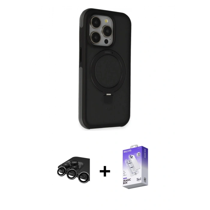 MARSİLYAN™- iPhone 15 Pro Max Kılıf Ahenk Yansıma Özel Seri - Siyah Bilvis 5in1 3D Magic Cam Ekran Koruyucu + Raze Metal Kamera Lens - TMGI