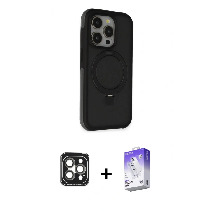 MARSİLYAN™- iPhone 15 Pro Max Kılıf Ahenk Yansıma Özel Seri - Siyah Bilvis 5in1 3D Magic Cam Ekran Koruyucu + PVD Metal Kamera Lens - GI