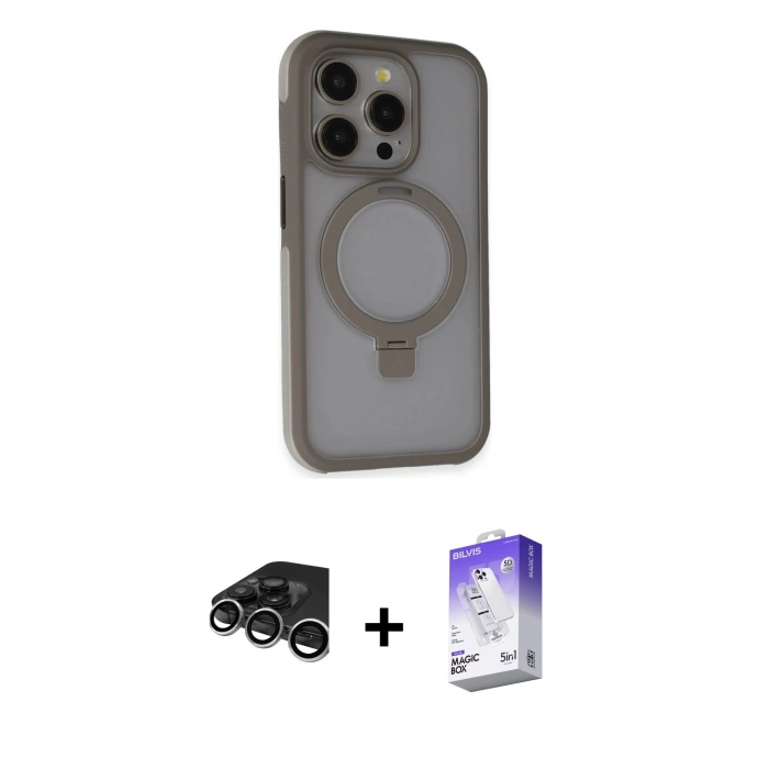 MARSİLYAN™- iPhone 15 Pro Max Kılıf Ahenk Yansıma Özel Seri - Siyah Bilvis 5in1 3D Magic Cam Ekran Koruyucu + Raze Metal Kamera Lens - GS