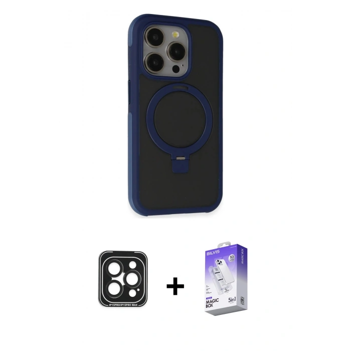 MARSİLYAN™- iPhone 15 Pro Max Kılıf Ahenk Yansıma Özel Seri - Siyah Bilvis 5in1 3D Magic Cam Ekran Koruyucu + PVD Metal Kamera Lens - SH
