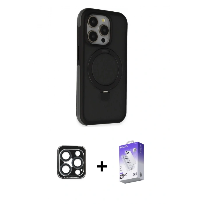 MARSİLYAN™- iPhone 15 Pro Max Kılıf Ahenk Yansıma Özel Seri - Siyah Bilvis 5in1 3D Magic Cam Ekran Koruyucu + PVD Metal Kamera Lens - LT