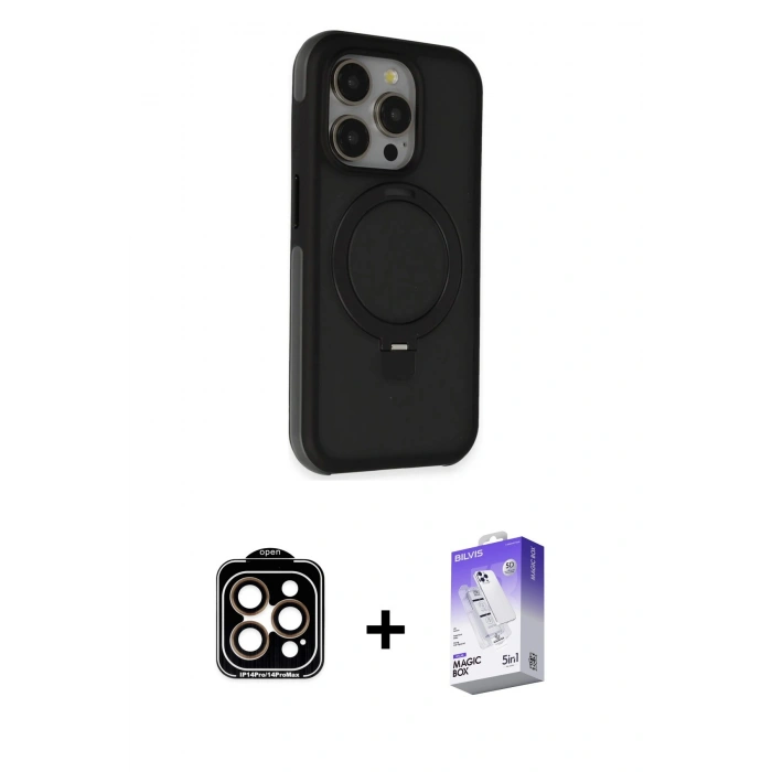 MARSİLYAN™- iPhone 15 Pro Max Kılıf Ahenk Yansıma Özel Seri - Siyah Bilvis 5in1 3D Magic Cam Ekran Koruyucu + PVD Metal Kamera Lens - TU