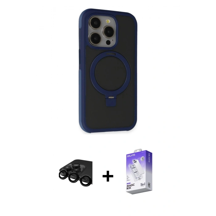 MARSİLYAN™- iPhone 15 Pro Max Kılıf Ahenk Yansıma Özel Seri - Siyah Bilvis 5in1 3D Magic Cam Ekran Koruyucu + Raze Metal Kamera Lens - SH