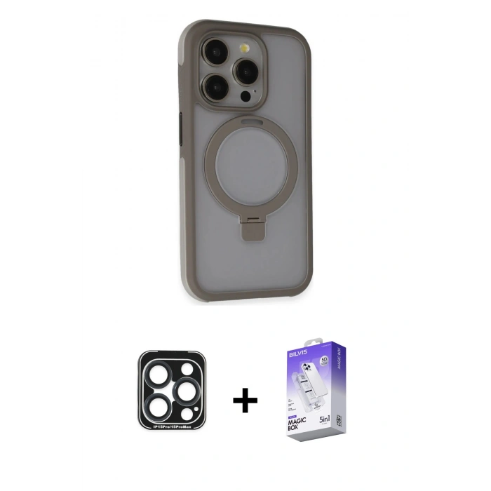 MARSİLYAN™- iPhone 15 Pro Max Kılıf Ahenk Yansıma Özel Seri - Siyah Bilvis 5in1 3D Magic Cam Ekran Koruyucu + PVD Metal Kamera Lens - LT