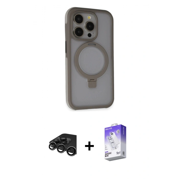 MARSİLYAN™- iPhone 15 Pro Max Kılıf Ahenk Yansıma Özel Seri - Siyah Bilvis 5in1 3D Magic Cam Ekran Koruyucu + Raze Metal Kamera Lens - TMGI