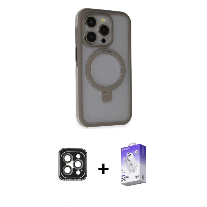 MARSİLYAN™- iPhone 15 Pro Max Kılıf Ahenk Yansıma Özel Seri - Siyah Bilvis 5in1 3D Magic Cam Ekran Koruyucu + PVD Metal Kamera Lens - GI