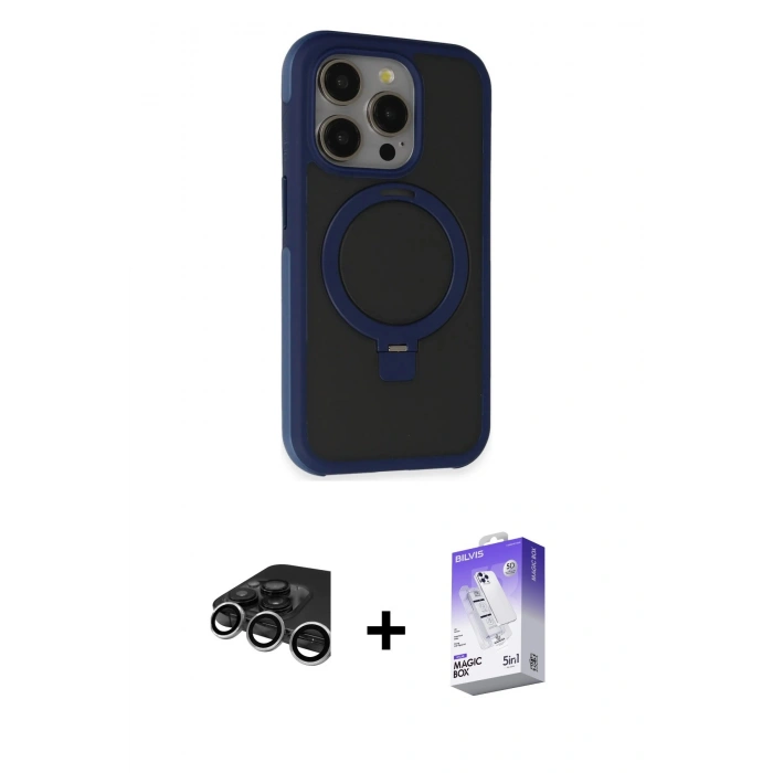 MARSİLYAN™- iPhone 15 Pro Max Kılıf Ahenk Yansıma Özel Seri - Siyah Bilvis 5in1 3D Magic Cam Ekran Koruyucu + Raze Metal Kamera Lens - GS