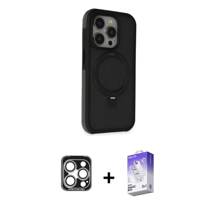 MARSİLYAN™- iPhone 15 Pro Max Kılıf Ahenk Yansıma Özel Seri - Siyah Bilvis 5in1 3D Magic Cam Ekran Koruyucu + PVD Metal Kamera Lens - GS