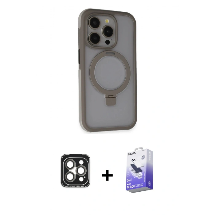 MARSİLYAN™- iPhone 15 Pro Max Kılıf Ahenk Yansıma Özel Seri - Siyah Bilvis 5in1 5D Magic Hayalet Cam Ekran Koruyucu + PVD Metal Kamera Lens - GI