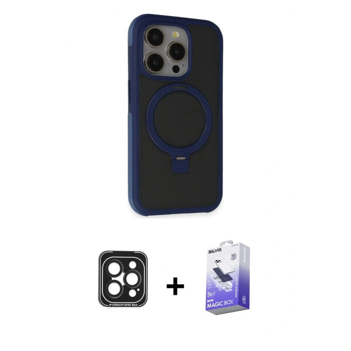 MARSİLYAN™- iPhone 15 Pro Max Kılıf Ahenk Yansıma Özel Seri - Siyah Bilvis 5in1 5D Magic Hayalet Cam Ekran Koruyucu + PVD Metal Kamera Lens - SH