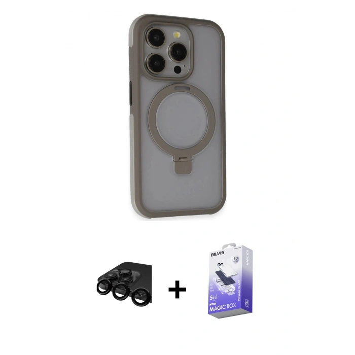 MARSİLYAN™- iPhone 15 Pro Max Kılıf Ahenk Yansıma Özel Seri - Siyah Bilvis 5in1 5D Magic Hayalet Cam Ekran Koruyucu + Raze Metal Kamera Lens - SH