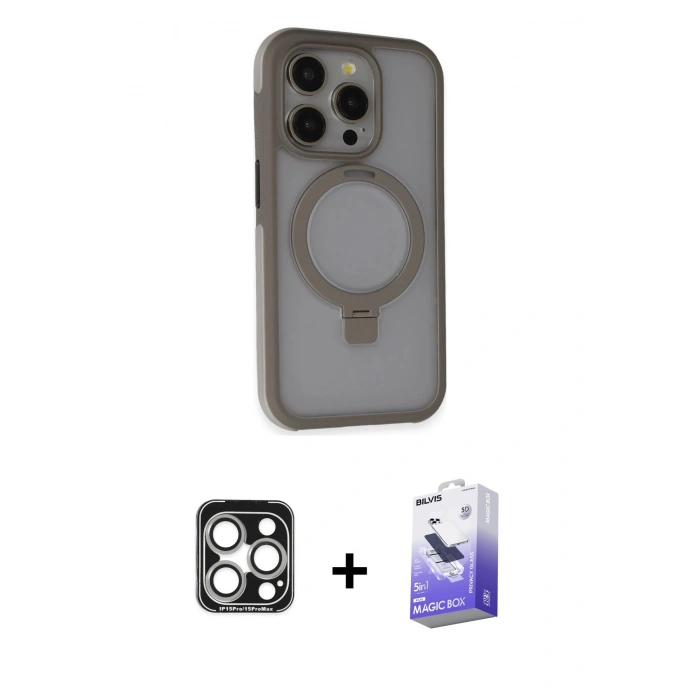 MARSİLYAN™- iPhone 15 Pro Max Kılıf Ahenk Yansıma Özel Seri - Siyah Bilvis 5in1 5D Magic Hayalet Cam Ekran Koruyucu + PVD Metal Kamera Lens - GS
