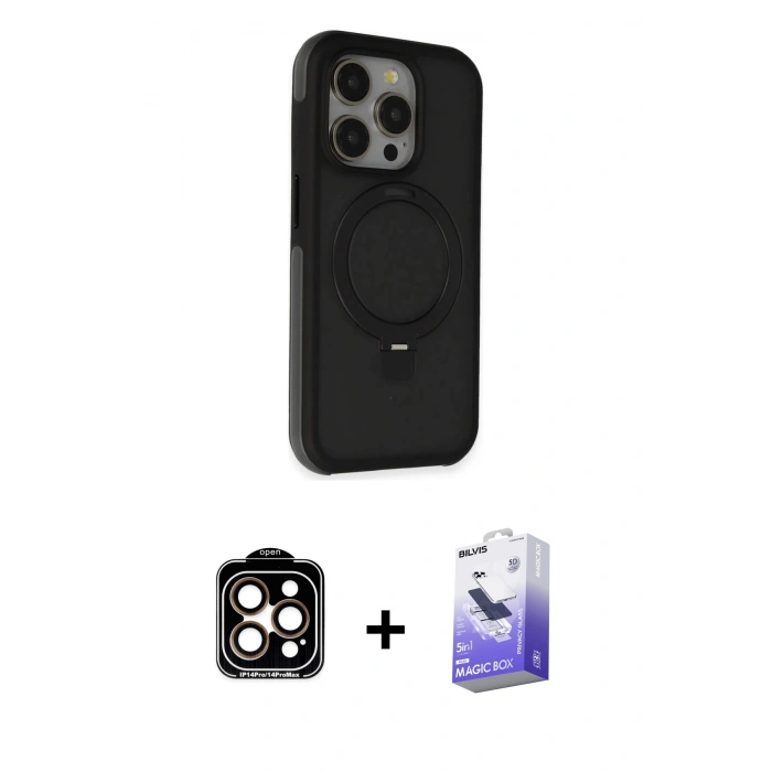 MARSİLYAN™- iPhone 15 Pro Max Kılıf Ahenk Yansıma Özel Seri - Siyah Bilvis 5in1 5D Magic Hayalet Cam Ekran Koruyucu + PVD Metal Kamera Lens - TU