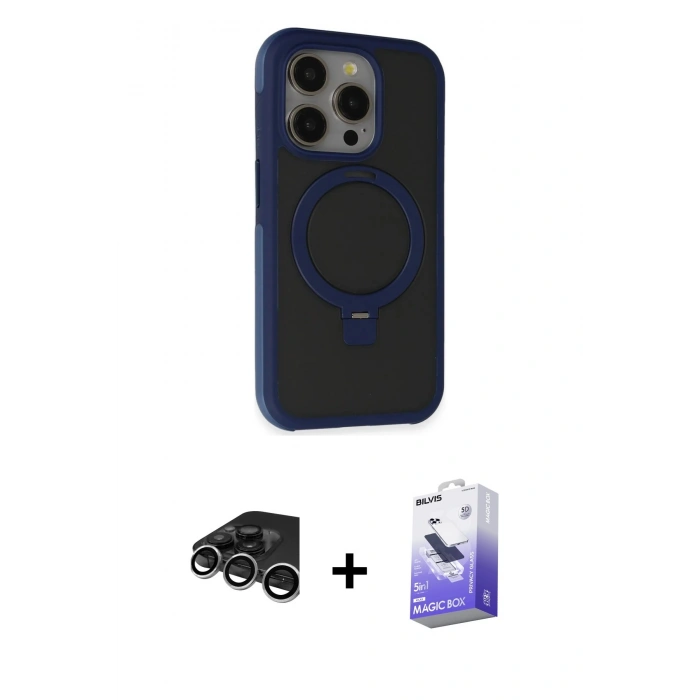 MARSİLYAN™- iPhone 15 Pro Max Kılıf Ahenk Yansıma Özel Seri - Siyah Bilvis 5in1 5D Magic Hayalet Cam Ekran Koruyucu + Raze Metal Kamera Lens - GS