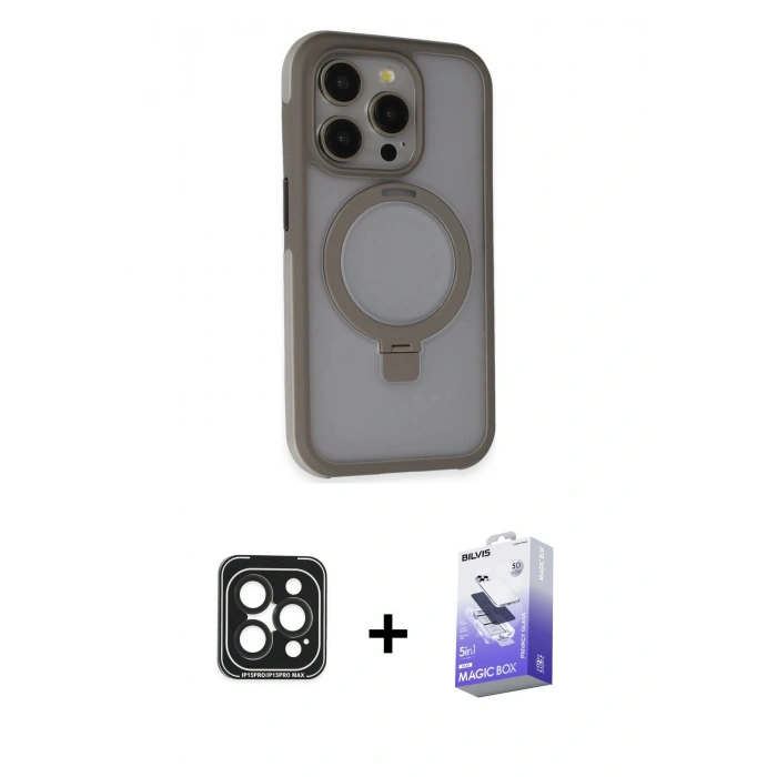MARSİLYAN™- iPhone 15 Pro Max Kılıf Ahenk Yansıma Özel Seri - Siyah Bilvis 5in1 5D Magic Hayalet Cam Ekran Koruyucu + PVD Metal Kamera Lens - SH