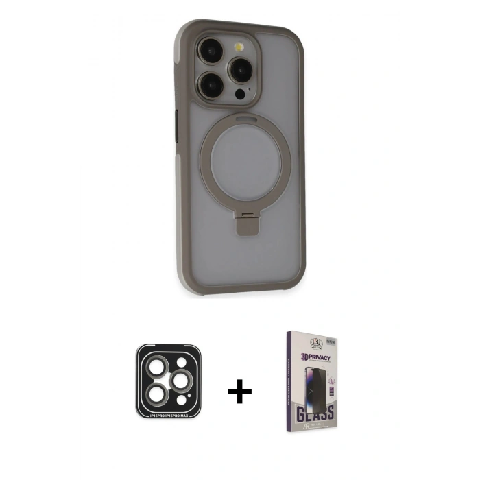 MARSİLYAN™- iPhone 15 Pro Max Kılıf Ahenk Yansıma Özel Seri - Siyah Bilvis Hayalet Cam Ekran Koruyucu + Gri PVD Metal Kamera Lens