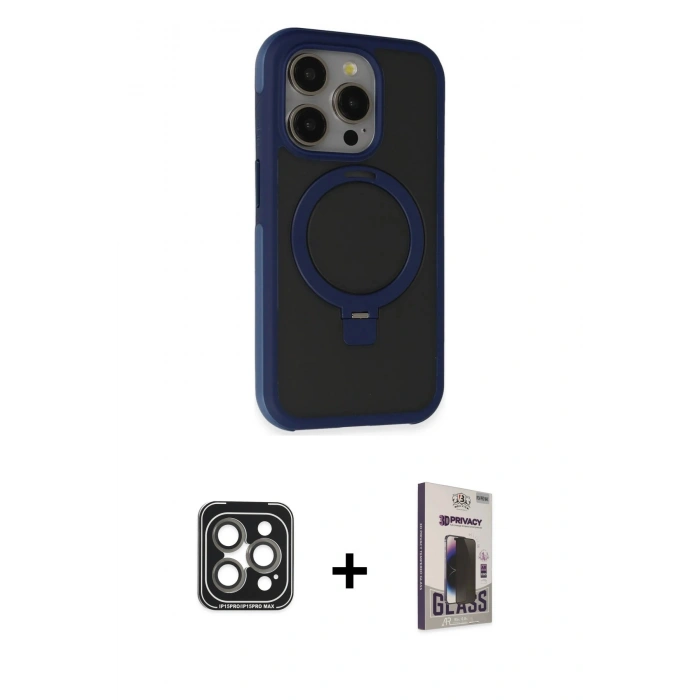 MARSİLYAN™- iPhone 15 Pro Max Kılıf Ahenk Yansıma Özel Seri - Siyah Bilvis Hayalet Cam Ekran Koruyucu + Gri PVD Metal Kamera Lens
