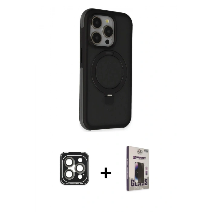 MARSİLYAN™- iPhone 15 Pro Max Kılıf Ahenk Yansıma Özel Seri - Siyah Bilvis Hayalet Cam Ekran Koruyucu + Gri PVD Metal Kamera Lens