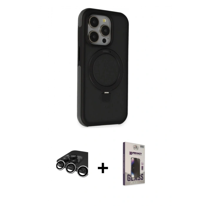 MARSİLYAN™- iPhone 15 Pro Max Kılıf Ahenk Yansıma Özel Seri - Siyah Bilvis Hayalet Cam Ekran Koruyucu + Raze Metal Kamera Lens - GS