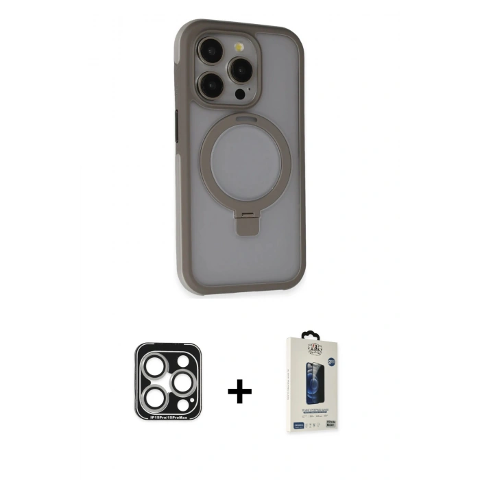 MARSİLYAN™- iPhone 15 Pro Max Kılıf Ahenk Yansıma Özel Seri - Siyah Bilvis Hayalet Cam Ekran Koruyucu + Gümüş PVD Metal Kamera Lens