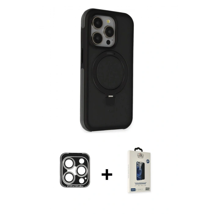 MARSİLYAN™- iPhone 15 Pro Max Kılıf Ahenk Yansıma Özel Seri - Siyah Bilvis Hayalet Cam Ekran Koruyucu + Gümüş PVD Metal Kamera Lens