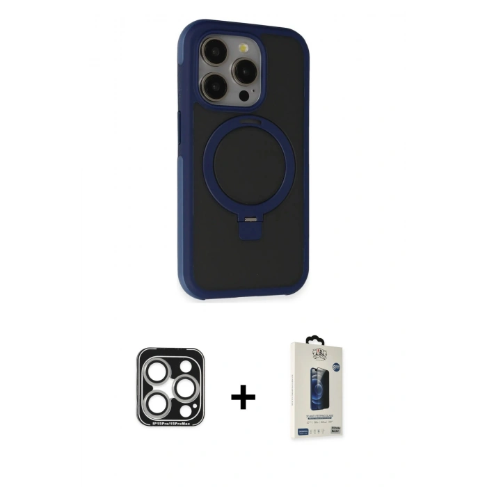 MARSİLYAN™- iPhone 15 Pro Max Kılıf Ahenk Yansıma Özel Seri - Siyah Bilvis Hayalet Cam Ekran Koruyucu + Gümüş PVD Metal Kamera Lens