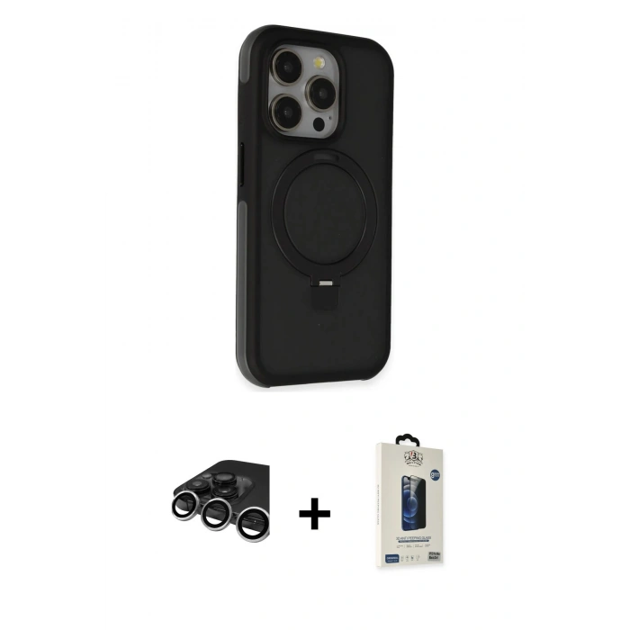 MARSİLYAN™- iPhone 15 Pro Max Kılıf Ahenk Yansıma Özel Seri - Siyah Bilvis Hayalet Cam Ekran Koruyucu + Raze Metal Kamera Lens - GS