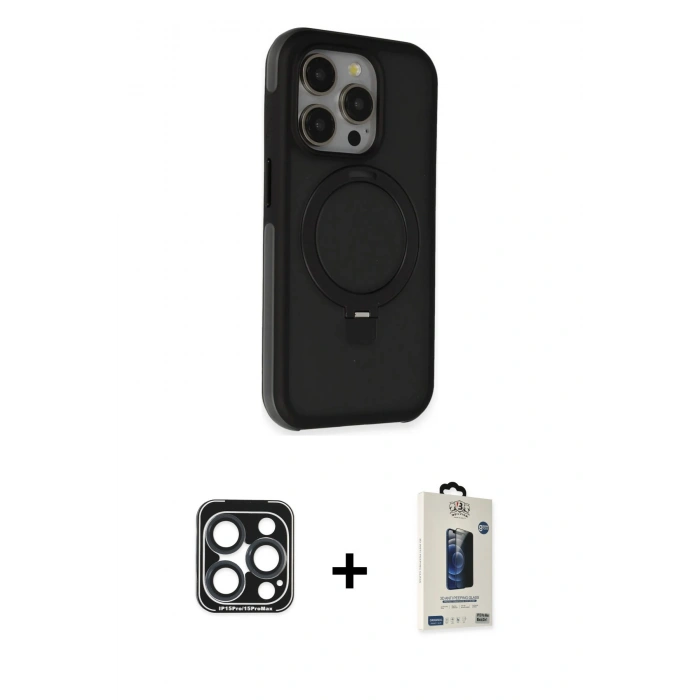 MARSİLYAN™- iPhone 15 Pro Max Kılıf Ahenk Yansıma Özel Seri - Siyah Bilvis Hayalet Cam Ekran Koruyucu + PVD Metal Kamera Lens - LT
