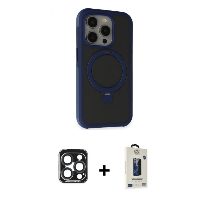 MARSİLYAN™- iPhone 15 Pro Max Kılıf Ahenk Yansıma Özel Seri - Siyah Bilvis Hayalet Cam Ekran Koruyucu + PVD Metal Kamera Lens - LT