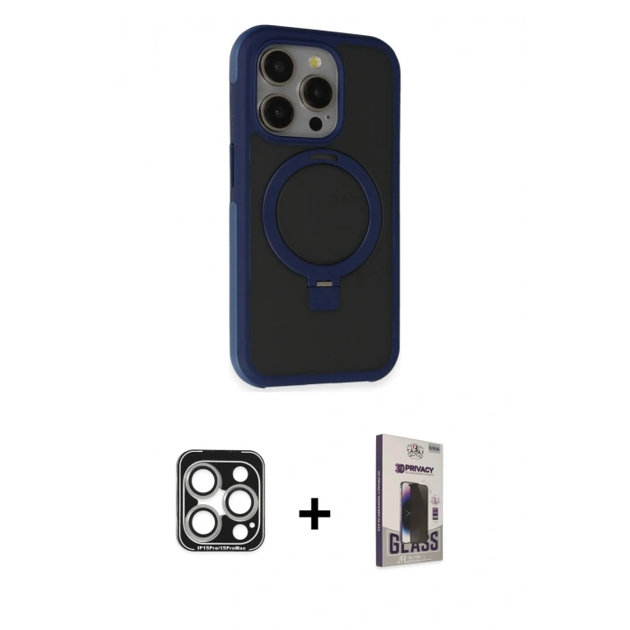 MARSİLYAN™- iPhone 15 Pro Max Kılıf Ahenk Yansıma Özel Seri - Siyah Bilvis Hayalet Cam Ekran Koruyucu + PVD Metal Kamera Lens - GS