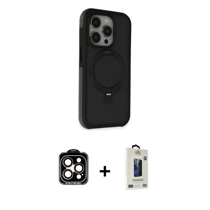 MARSİLYAN™- iPhone 15 Pro Max Kılıf Ahenk Yansıma Özel Seri - Siyah Bilvis Hayalet Cam Ekran Koruyucu + PVD Metal Kamera Lens - TU