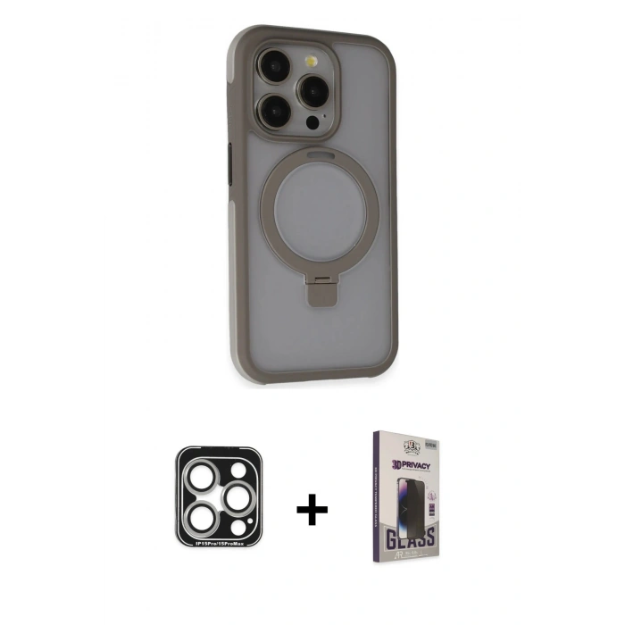 MARSİLYAN™- iPhone 15 Pro Max Kılıf Ahenk Yansıma Özel Seri - Siyah Bilvis Hayalet Cam Ekran Koruyucu + PVD Metal Kamera Lens - GS