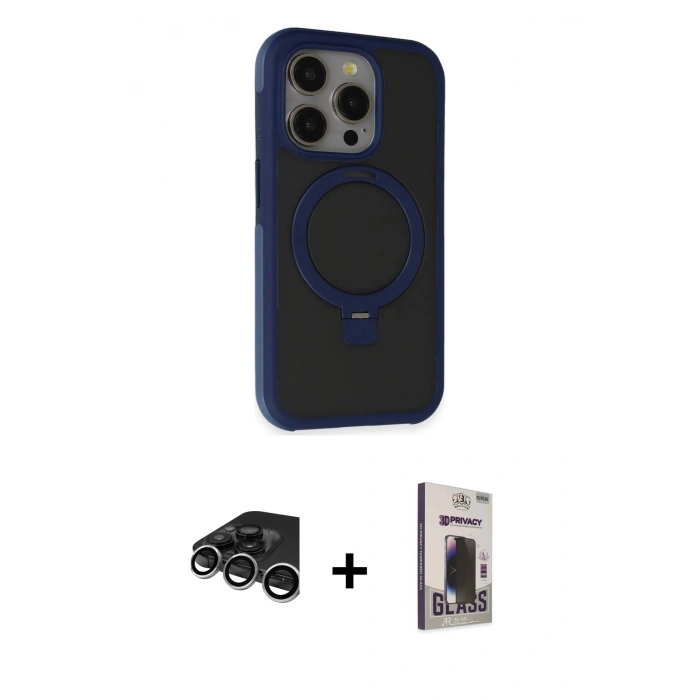 MARSİLYAN™- iPhone 15 Pro Max Kılıf Ahenk Yansıma Özel Seri - Siyah Bilvis Hayalet Cam Ekran Koruyucu + Raze Metal Kamera Lens - GS
