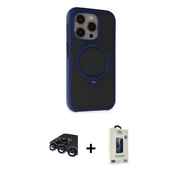 MARSİLYAN™- iPhone 15 Pro Max Kılıf Ahenk Yansıma Özel Seri - Siyah Bilvis Hayalet Cam Ekran Koruyucu + Raze Metal Kamera Lens - LT