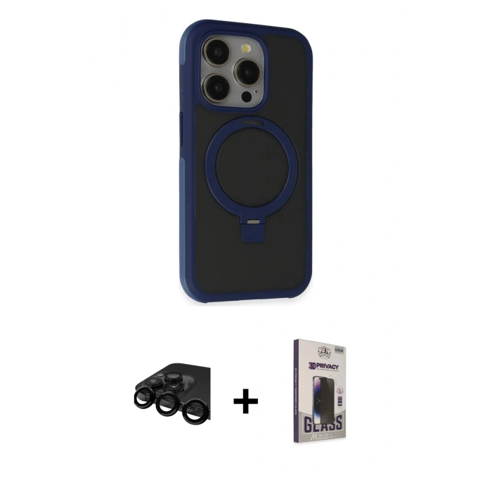 MARSİLYAN™- iPhone 15 Pro Max Kılıf Ahenk Yansıma Özel Seri - Siyah Bilvis Hayalet Cam Ekran Koruyucu + Raze Metal Kamera Lens - SH