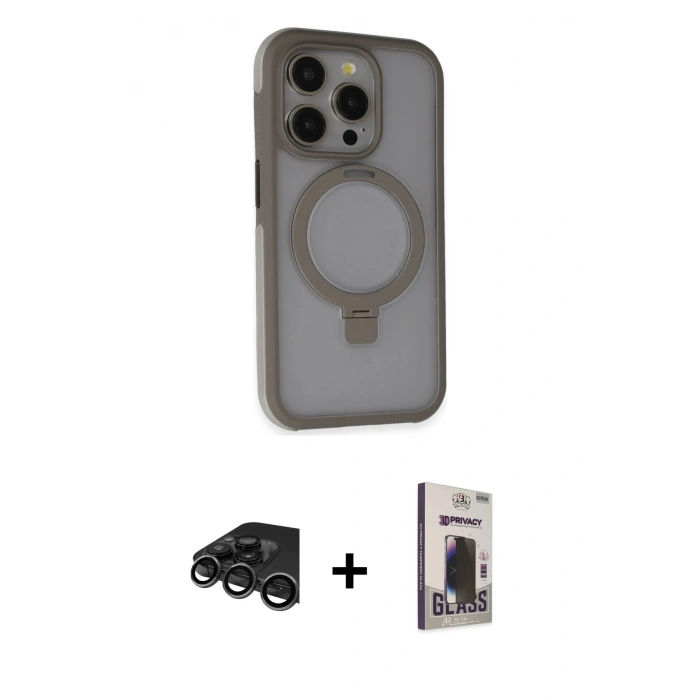 MARSİLYAN™- iPhone 15 Pro Max Kılıf Ahenk Yansıma Özel Seri - Siyah Bilvis Hayalet Cam Ekran Koruyucu + Titanyum Gri Raze Metal Kamera Lens