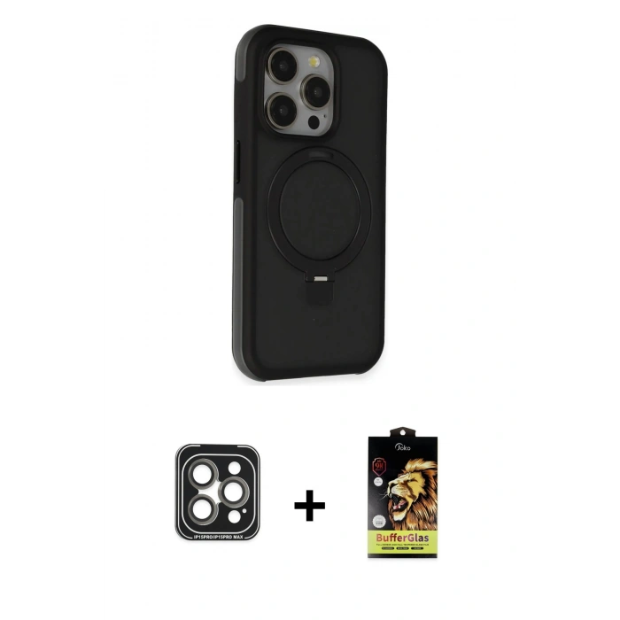 MARSİLYAN™- iPhone 15 Pro Max Kılıf Ahenk Yansıma Özel Seri - Siyah Buffer Cam Ekran Koruyucu + PVD Metal Kamera Lens - GI