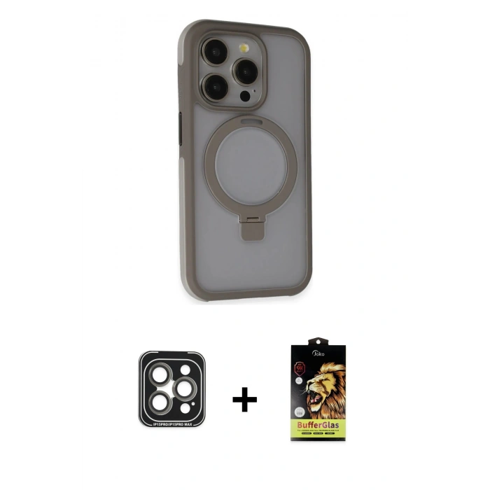 MARSİLYAN™- iPhone 15 Pro Max Kılıf Ahenk Yansıma Özel Seri - Siyah Buffer Cam Ekran Koruyucu + PVD Metal Kamera Lens - GI